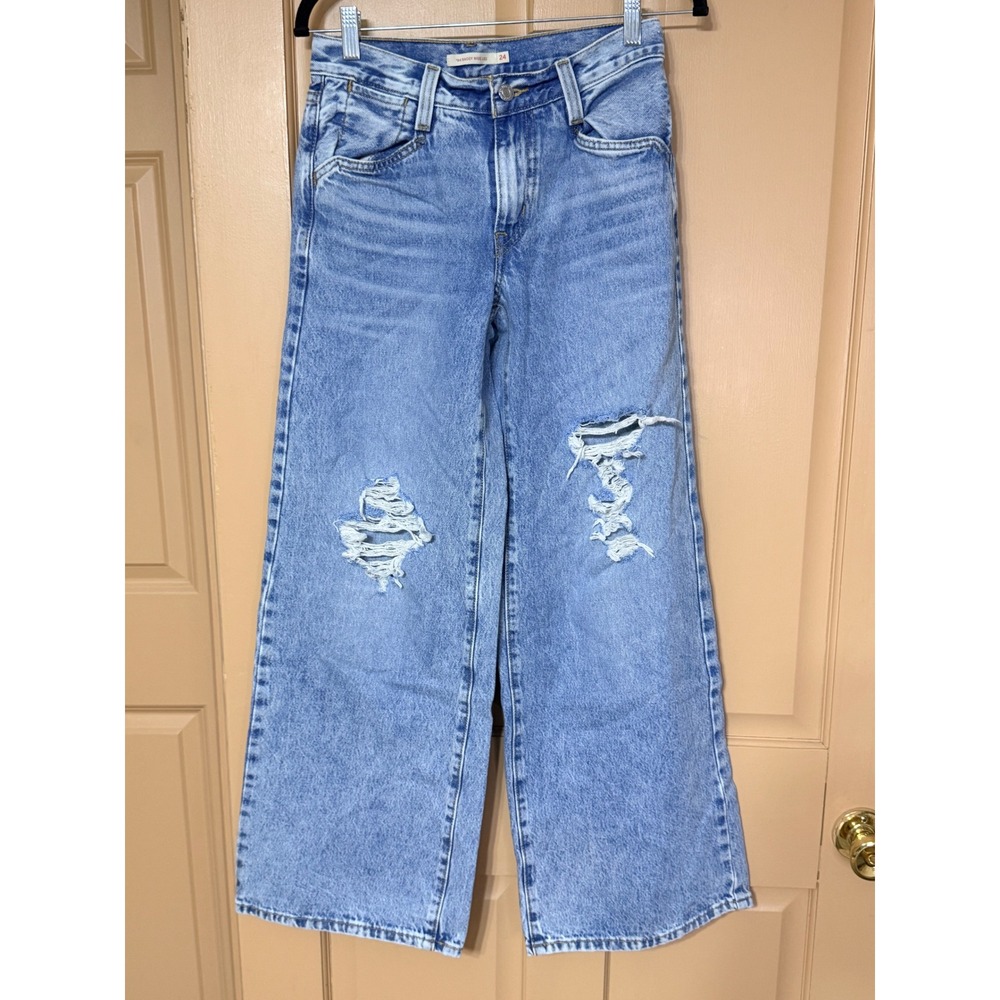 Levis 94 Baggy Wide Leg Jeans Light Wash Distressed Blue Denim W24 L31